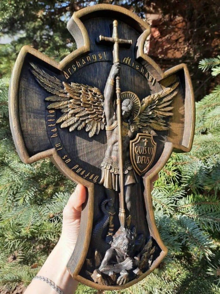 Archangel Michael Solid wood carving gift - Hand carved from a whole piece of wood - Image 3