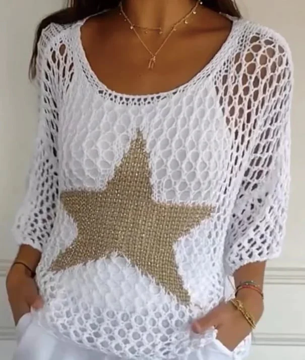 Five-Star Round Neck Hollow Crochet Tops - Image 2