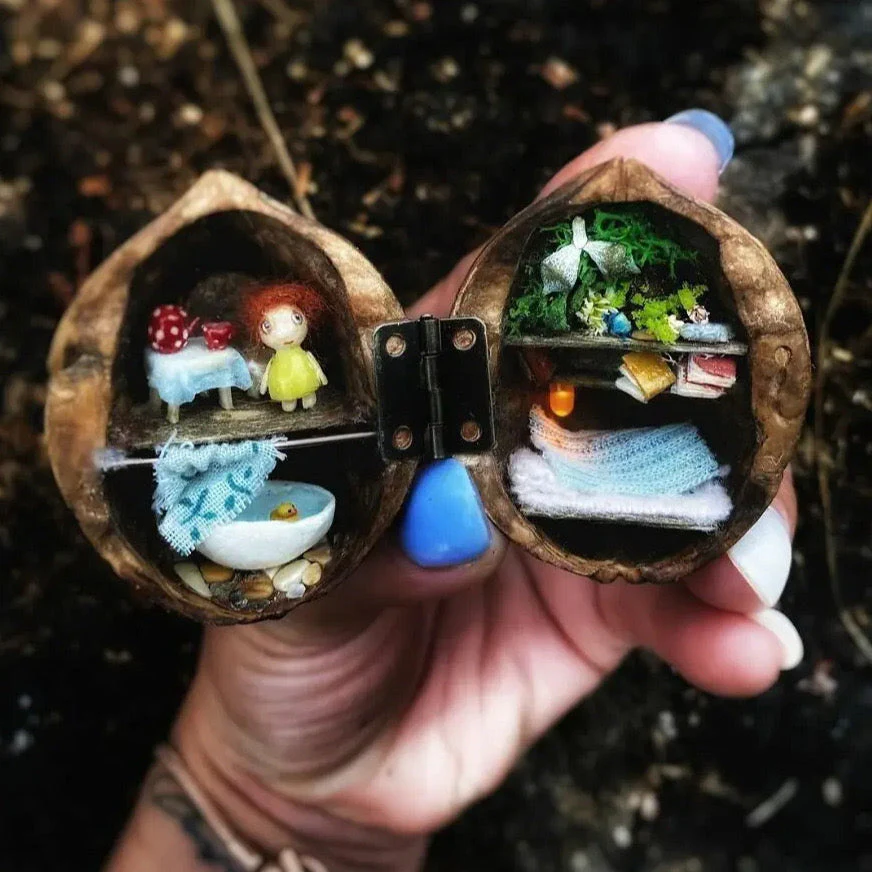 Handmade.Walnut Shell Doll House--mini library, tiny World inside walnuts - Image 8