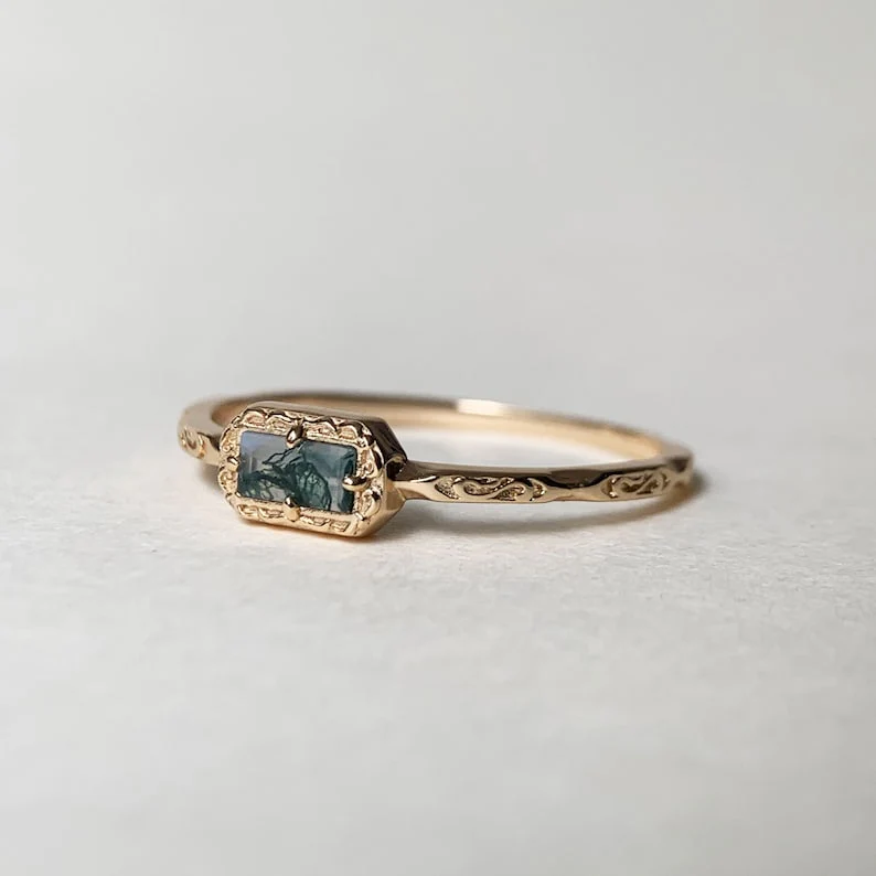 Natural Moss Agate /Blue Topaz /Opal Wedding Band Ring Sterling Silver Art Deco Unique Baguette Cut Green Agate Anniversary Rings - Image 12