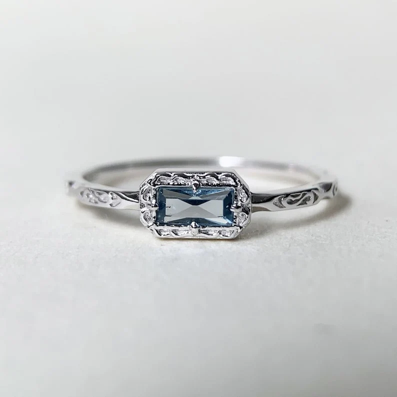 Natural Moss Agate /Blue Topaz /Opal Wedding Band Ring Sterling Silver Art Deco Unique Baguette Cut Green Agate Anniversary Rings - Image 19