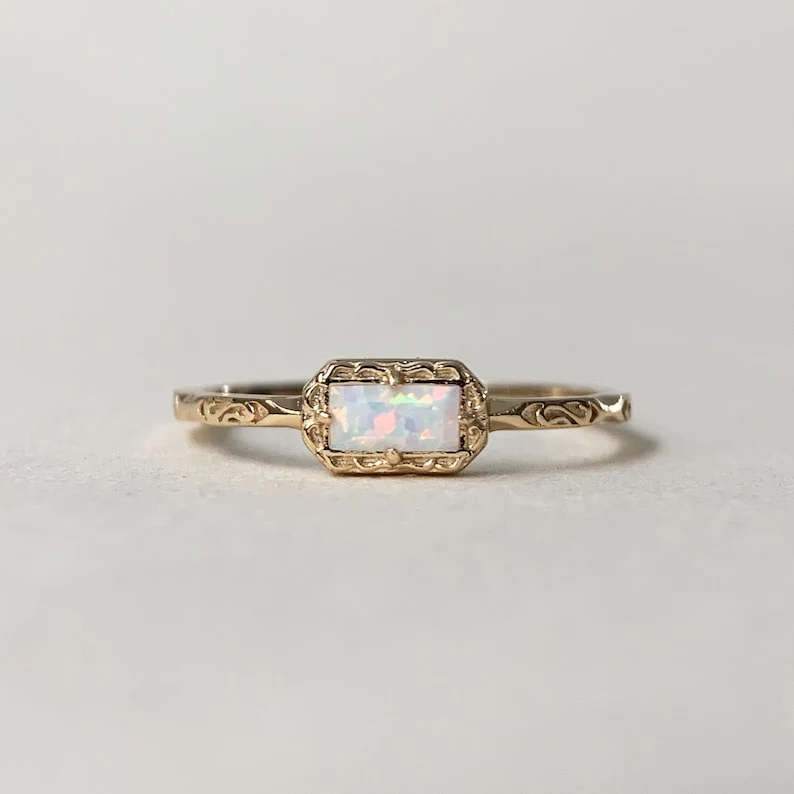 Natural Moss Agate /Blue Topaz /Opal Wedding Band Ring Sterling Silver Art Deco Unique Baguette Cut Green Agate Anniversary Rings - Image 5