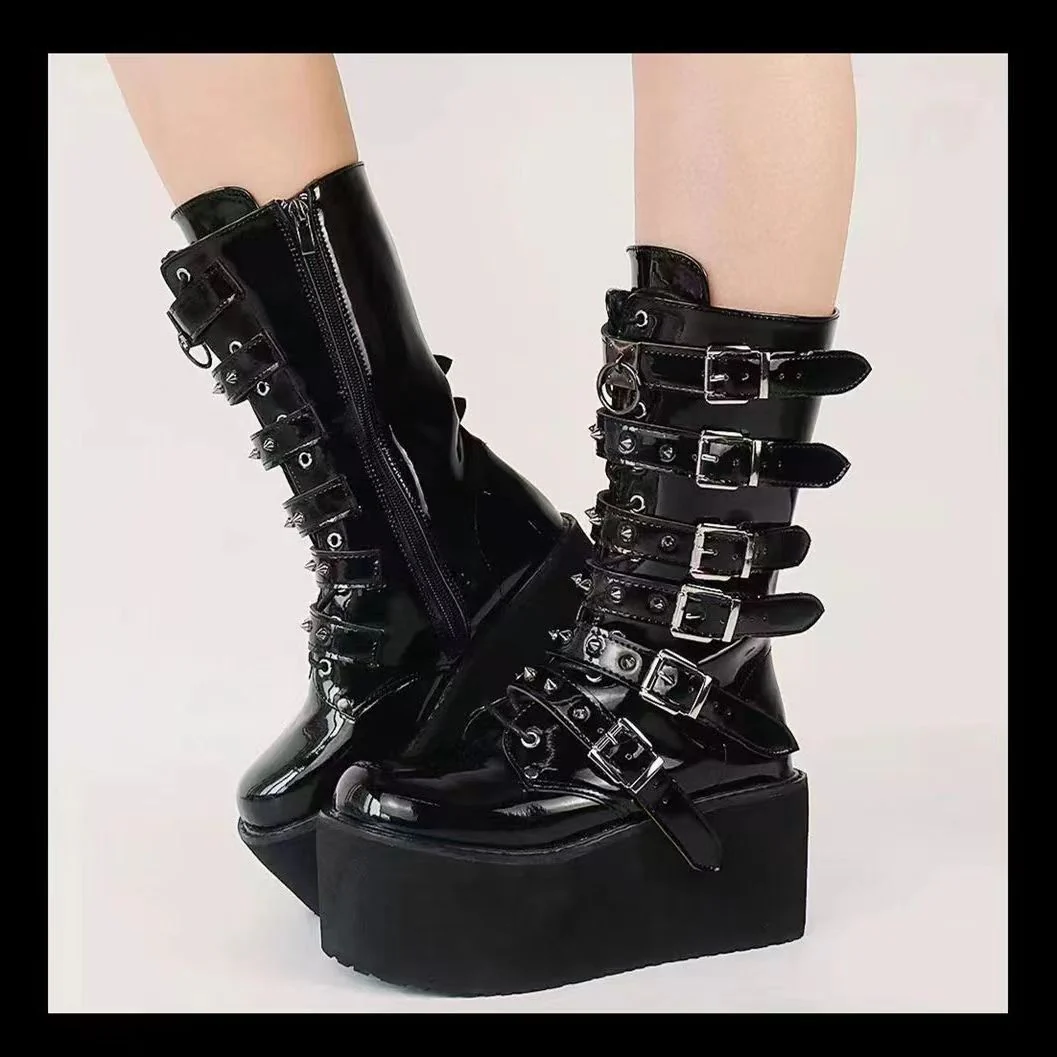 New European and American style rivet wedge heel mid-tube thick-soled women's boots - Punk hot girl knight boots - Image 2