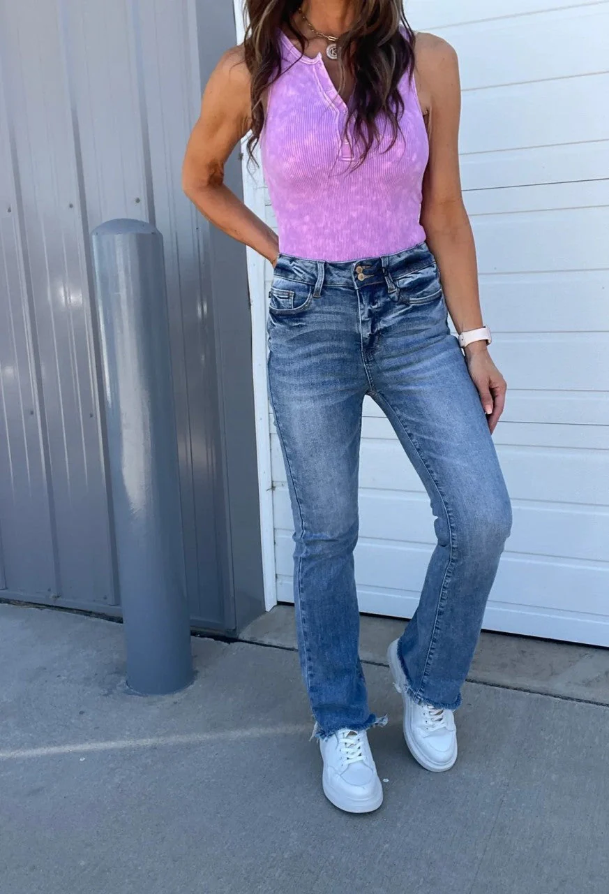 Vintage Double Button Frayed Hem Bootcut Jeans - Image 15
